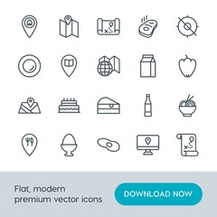 Modern Simple Set of food, location, drinks Vector outline Icons. Contains such Icons as cake,  meat,  container,  meal,  sweet,  easter and more on white background. Fully Editable. Pixel Perfect.