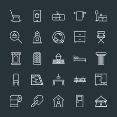 Modern Simple Set of buildings, furniture, housekeeping Vector outline Icons. Contains such Icons as  hygiene,  relax, background,  building and more on dark background. Fully Editable. Pixel Perfect.