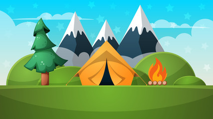 Cartoon summer landscape. Tent, fire, mountain illustration Vector eps 10