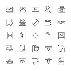 Modern Simple Set of video, photos, bookmarks, files Vector outline Icons. Contains such Icons as  cameraman,  button,  movie,  photography and more on white background. Fully Editable. Pixel Perfect.