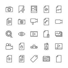 Modern Simple Set of video, photos, bookmarks, files Vector outline Icons. Contains such Icons as  bookmark,  lens, player,  button, mail and more on white background. Fully Editable. Pixel Perfect.