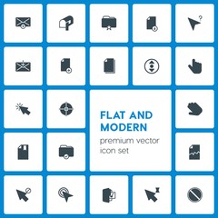 Modern Simple Set of folder, cursors, files, email Vector fill Icons. Contains such Icons as  business,  new,  success,  technology,  post and more on dark background. Fully Editable. Pixel Perfect