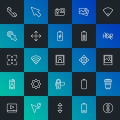 Modern Simple Set of mobile, video, photos, cursors Vector outline Icons. Contains such Icons as battery, cursor,  photography and more on dark and gradient background. Fully Editable. Pixel Perfect.