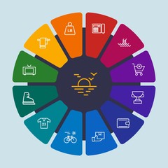 hotel, sports, shopping, travel Infographic Circle outline Icons Set. Contains such Icons as stationery,  pool, sport,  swimming,  award,  blue,  pound, mail and more. Fully Editable. Pixel Perfect