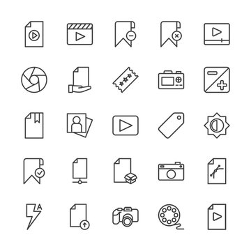 Modern Simple Set of video, photos, bookmarks, files Vector outline Icons. Contains such Icons as portrait, ,  dslr,  pocket,  graphic and more on white background. Fully Editable. Pixel Perfect.
