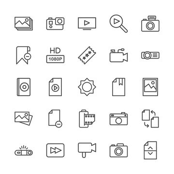 Modern Simple Set of video, photos, bookmarks, files Vector outline Icons. Contains such Icons as  cameraman,  button,  movie,  photography and more on white background. Fully Editable. Pixel Perfect.