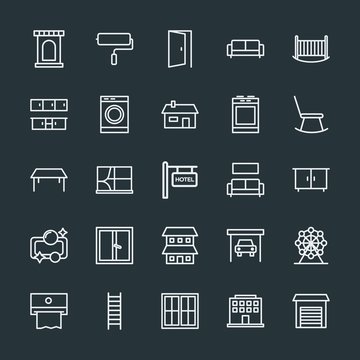 Modern Simple Set of buildings, furniture, housekeeping Vector outline Icons. Contains such Icons as  old,  curtain,  warehouse,  brush and more on dark background. Fully Editable. Pixel Perfect.