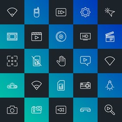 Modern Simple Set of mobile, video, photos, cursors Vector outline Icons. Contains such Icons as  internet,  telephone,  white and more on dark and gradient background. Fully Editable. Pixel Perfect.
