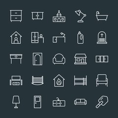 Modern Simple Set of buildings, furniture, housekeeping Vector outline Icons. Contains such Icons as lamp,  building,  wash, entrance,  desk and more on dark background. Fully Editable. Pixel Perfect.