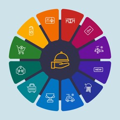 hotel, sports, shopping, travel Infographic Circle outline Icons Set. Contains such Icons as  motel,  interior,  competition,  room, hotel,  lock, table, travel and more. Fully Editable. Pixel Perfect
