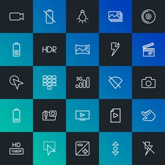 Modern Simple Set of mobile, video, photos, cursors Vector outline Icons. Contains such Icons as phone,  iso,  vertical,  media and more on dark and gradient background. Fully Editable. Pixel Perfect.