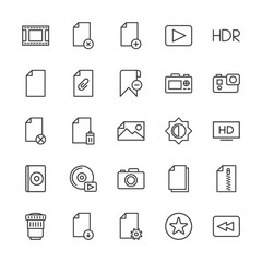 Modern Simple Set of video, photos, bookmarks, files Vector outline Icons. Contains such Icons as  data,  play, business, hdr,  scroll, add and more on white background. Fully Editable. Pixel Perfect.