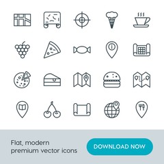 Modern Simple Set of food, location, drinks Vector outline Icons. Contains such Icons as  sweet,  goal,  fast, travel,  cheesecake,  center and more on white background. Fully Editable. Pixel Perfect.