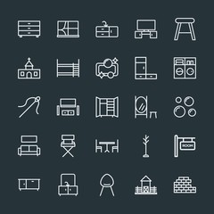 Modern Simple Set of buildings, furniture, housekeeping Vector outline Icons. Contains such Icons as  home,  drawer,  clothing, bathroom and more on dark background. Fully Editable. Pixel Perfect.