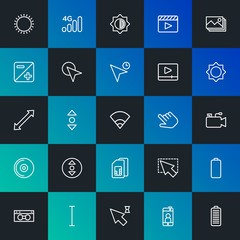 Modern Simple Set of mobile, video, photos, cursors Vector outline Icons. Contains such Icons as  phone,  battery,  point,  sky and more on dark and gradient background. Fully Editable. Pixel Perfect.