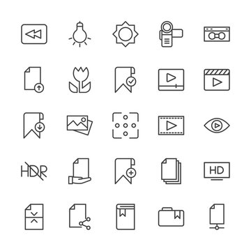 Modern Simple Set of video, photos, bookmarks, files Vector outline Icons. Contains such Icons as  lamp,  document,  information,  bookmark and more on white background. Fully Editable. Pixel Perfect.