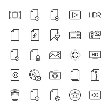 Modern Simple Set of video, photos, bookmarks, files Vector outline Icons. Contains such Icons as  data,  play, business, hdr,  scroll, add and more on white background. Fully Editable. Pixel Perfect.