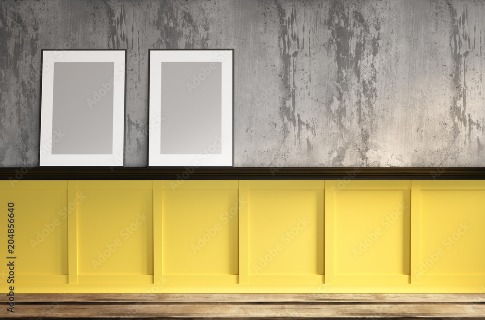 Wall mural 3d rendering illustration of colorful modern interior on sunny morning. rough concrete wall, wooden 