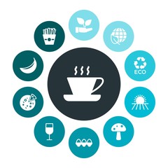 food, nature, drinks Infographic Colorful fill Icons Set. Contains such Icons as banana,  ecology,  healthy, plant,  drink,  background,  tomato,  environment and more. Fully Editable. Pixel Perfect