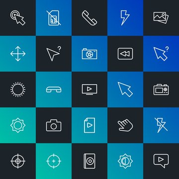 Modern Simple Set of mobile, video, photos, cursors Vector outline Icons. Contains such Icons as click,  fashion,  center,  no and more on dark and gradient background. Fully Editable. Pixel Perfect.