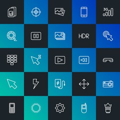 Modern Simple Set of mobile, video, photos, cursors Vector outline Icons. Contains such Icons as  phone,  camera,  telephone and more on dark and gradient background. Fully Editable. Pixel Perfect.