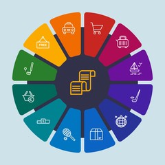 hotel, sports, shopping, travel Infographic Circle outline Icons Set. Contains such Icons as  background,  club,  breakfast,  yellow,  disco,  toast,  bread and more. Fully Editable. Pixel Perfect