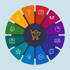 hotel, sports, shopping, travel Infographic Circle outline Icons Set. Contains such Icons as  white,  bowling,  shop,  rest,  competition,  toilet,  hammock and more. Fully Editable. Pixel Perfect