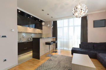 Kitchen in open plan hotel apartment interior
