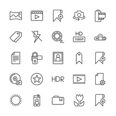 Modern Simple Set of video, photos, bookmarks, files Vector outline Icons. Contains such Icons as movie,  rotate,  sign,  phone,  photo and more on white background. Fully Editable. Pixel Perfect.