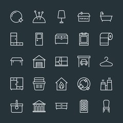 Modern Simple Set of buildings, furniture, housekeeping Vector outline Icons. Contains such Icons as  needle, night,  nuclear,  chair,  pin and more on dark background. Fully Editable. Pixel Perfect.
