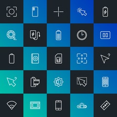 Modern Simple Set of mobile, video, photos, cursors Vector outline Icons. Contains such Icons as  photography,  cd,  arrow, dvd and more on dark and gradient background. Fully Editable. Pixel Perfect.