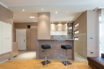 Kitchen in open plan hotel apartment interior