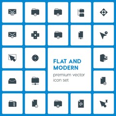 Modern Simple Set of folder, cursors, files, email Vector fill Icons. Contains such Icons as  data, delete,  mail,  sign, folder,  center and more on dark background. Fully Editable. Pixel Perfect