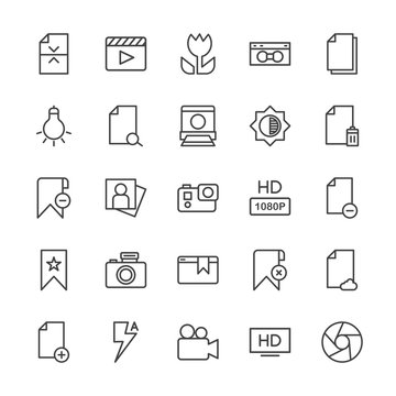 Modern Simple Set of video, photos, bookmarks, files Vector outline Icons. Contains such Icons as  theater,  new,  adult,  file,  cinema and more on white background. Fully Editable. Pixel Perfect.