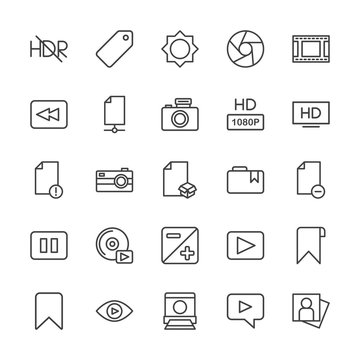 Modern Simple Set of video, photos, bookmarks, files Vector outline Icons. Contains such Icons as  landscape,  game,  label,  cinema,  sky and more on white background. Fully Editable. Pixel Perfect.