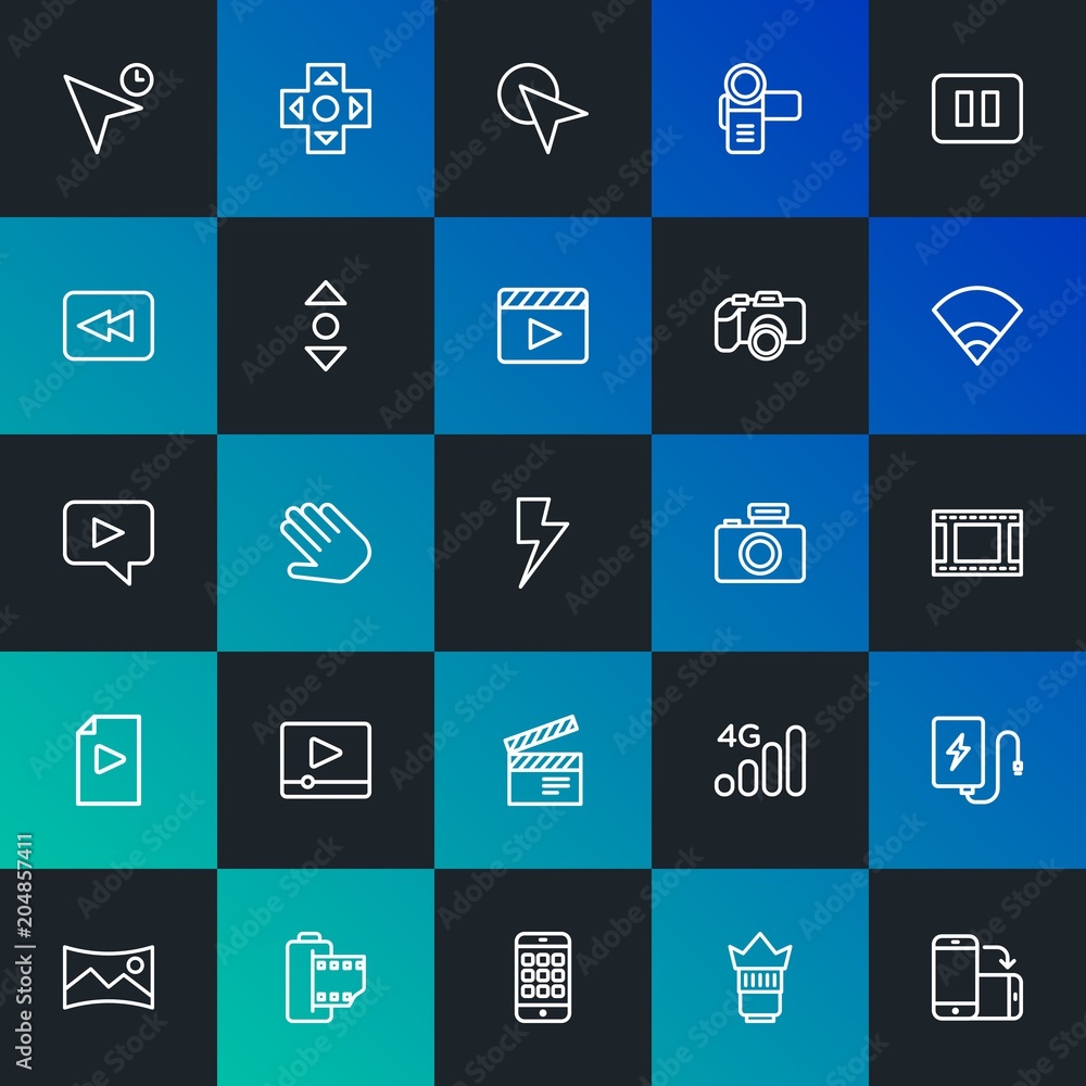 Poster modern simple set of mobile, video, photos, cursors vector outline icons. contains such icons as arr