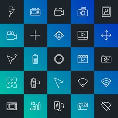Modern Simple Set of mobile, video, photos, cursors Vector outline Icons. Contains such Icons as  mobile,  technology,  web and more on dark and gradient background. Fully Editable. Pixel Perfect.