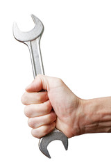 Closeup mans hand holds a wrench isolated on white