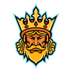 Mascot icon illustration of head of a King, a male monarch wearing a heraldic crown viewed from front on isolated background in retro style.