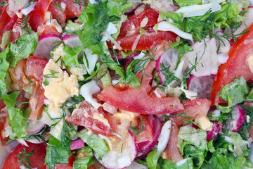 The leaves of fresh green vegetables, eggs and tomatoes finely chopped for spring  salad