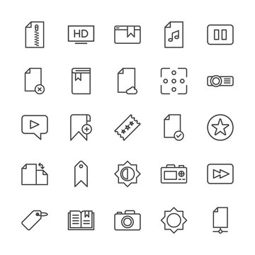 Modern Simple Set of video, photos, bookmarks, files Vector outline Icons. Contains such Icons as rewind,  scroll,  dslr,  photo,  music and more on white background. Fully Editable. Pixel Perfect.