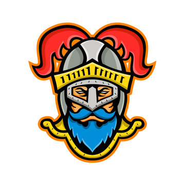 Mascot icon illustration of head of a  viewed from knight wearing a helmet with ostrich plumage viewed from front on isolated background in retro style.