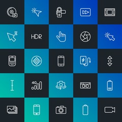 Modern Simple Set of mobile, video, photos, cursors Vector outline Icons. Contains such Icons as  cd,  scroll,  cassette,  web and more on dark and gradient background. Fully Editable. Pixel Perfect.