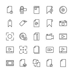 Modern Simple Set of video, photos, bookmarks, files Vector outline Icons. Contains such Icons as  forward,  download,  hand,  tag,  upload and more on white background. Fully Editable. Pixel Perfect.