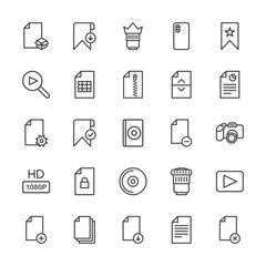 Modern Simple Set of video, photos, bookmarks, files Vector outline Icons. Contains such Icons as  new,  dual, lens,  computer, camera, add and more on white background. Fully Editable. Pixel Perfect.