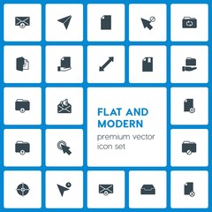 Modern Simple Set of folder, cursors, files, email Vector fill Icons. Contains such Icons as target,  double, reply,  file, remove,  button and more on dark background. Fully Editable. Pixel Perfect