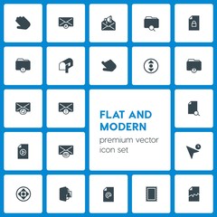 Modern Simple Set of folder, cursors, files, email Vector fill Icons. Contains such Icons as broken,  junk,  hand,  box,  arrow,  postage and more on dark background. Fully Editable. Pixel Perfect