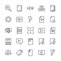 Modern Simple Set of video, photos, bookmarks, files Vector outline Icons. Contains such Icons as  travel,  internet, business,  music, hd and more on white background. Fully Editable. Pixel Perfect.