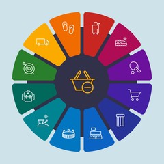 hotel, sports, shopping, travel Infographic Circle outline Icons Set. Contains such Icons as  beach,  dart,  vacation,  field,  trolley,  background, sand, shop and more. Fully Editable. Pixel Perfect