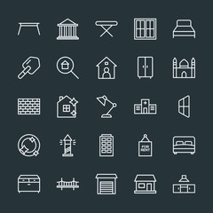 Fototapeta na wymiar Modern Simple Set of buildings, furniture, housekeeping Vector outline Icons. Contains such Icons as cabinet, building, property, bed and more on dark background. Fully Editable. Pixel Perfect.